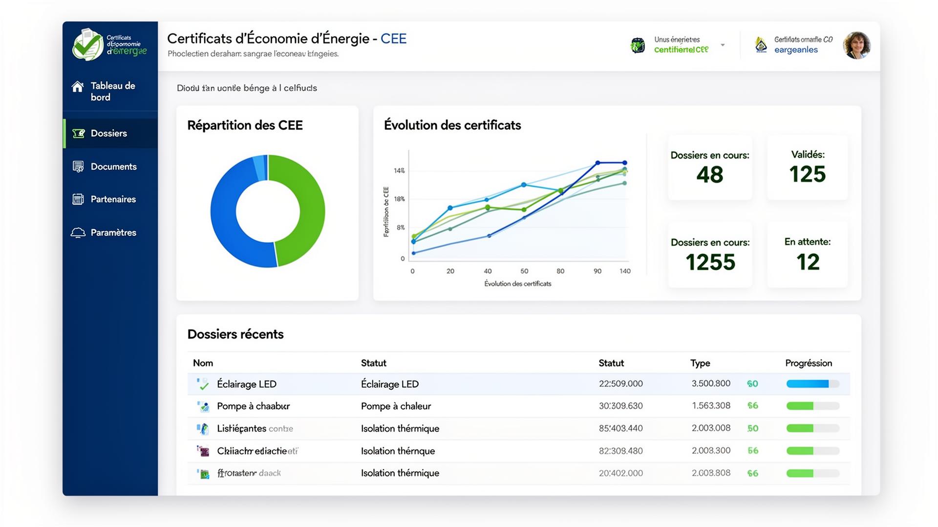 Interface de gestion CEE - Dashboard de suivi des certificats d'économie d'énergie